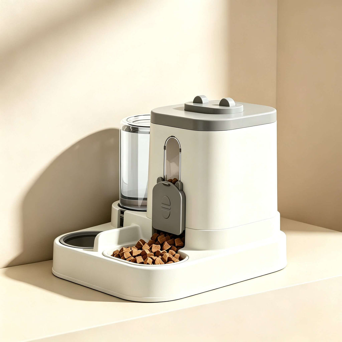 Automatic Pet Feeder &amp; Drinking Fountain for Pets with food dispenser and water bowl in a compact design.