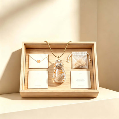 Pet Hair Keepsake Pendant displayed in a wooden tray with cards and a pouch of fur, celebrating pet memories.