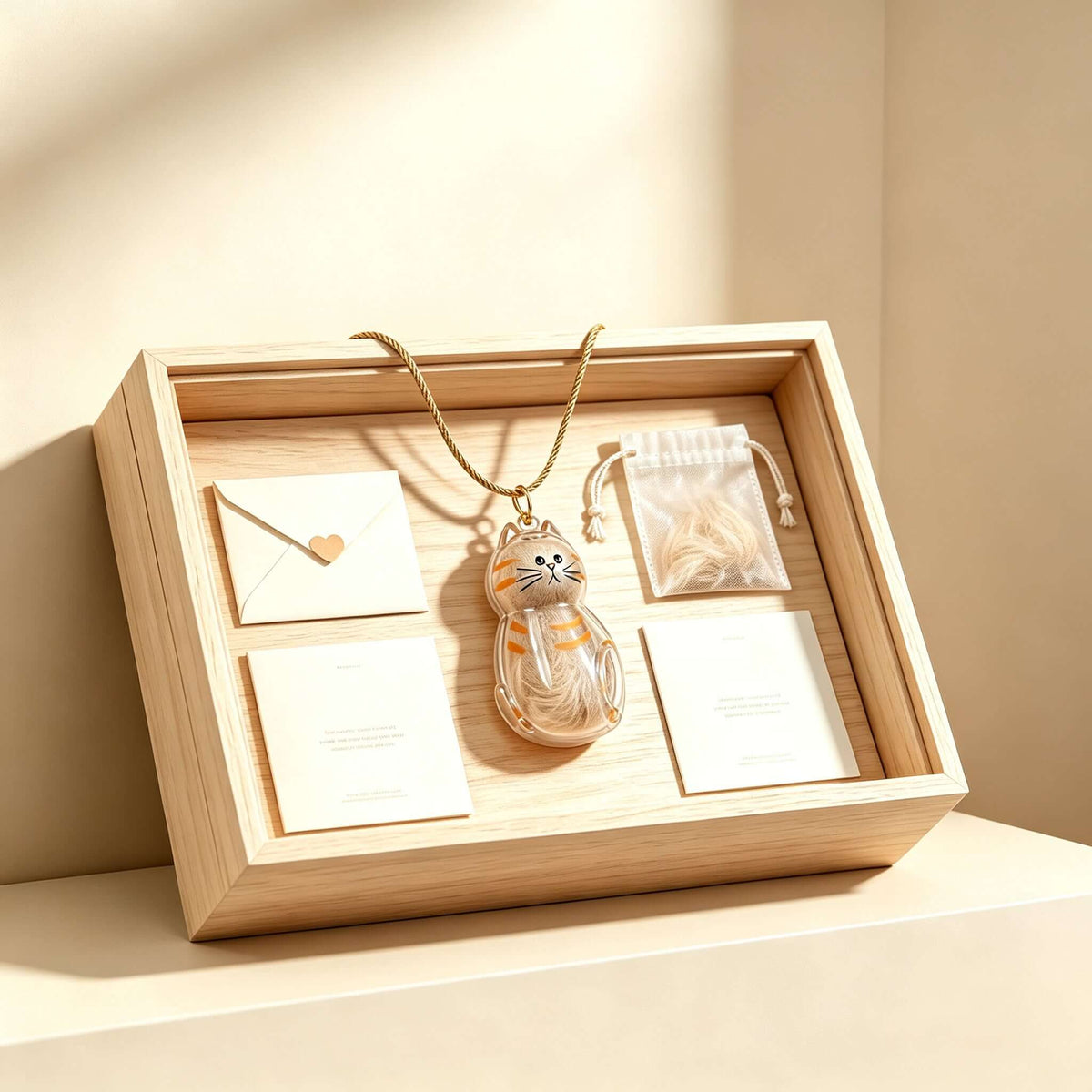 Pet Hair Keepsake Pendant displayed in a wooden box with notes and a pouch of pet fur.