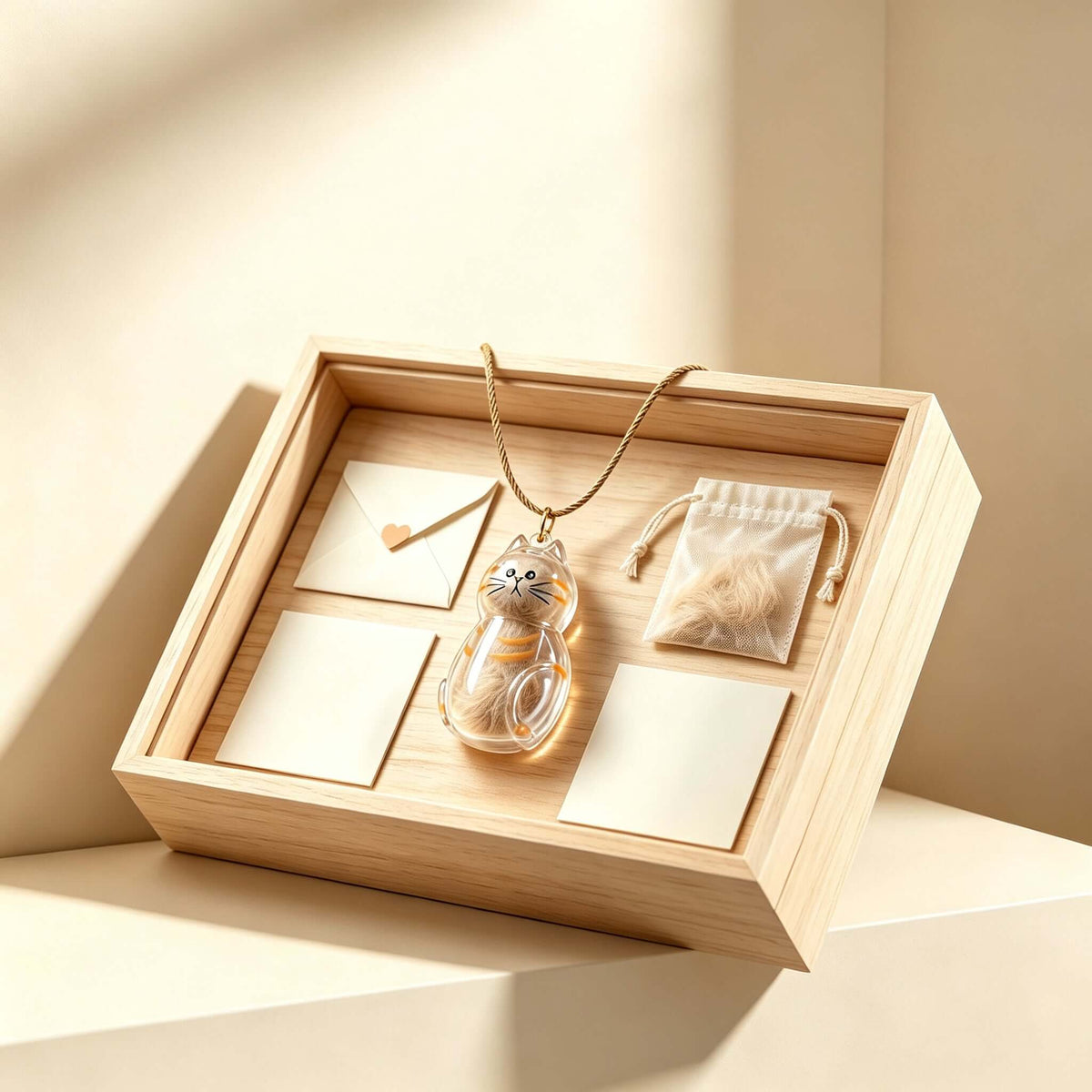 Pet Hair Keepsake Pendant displayed in a wooden box with notes and a pouch of pet fur.
