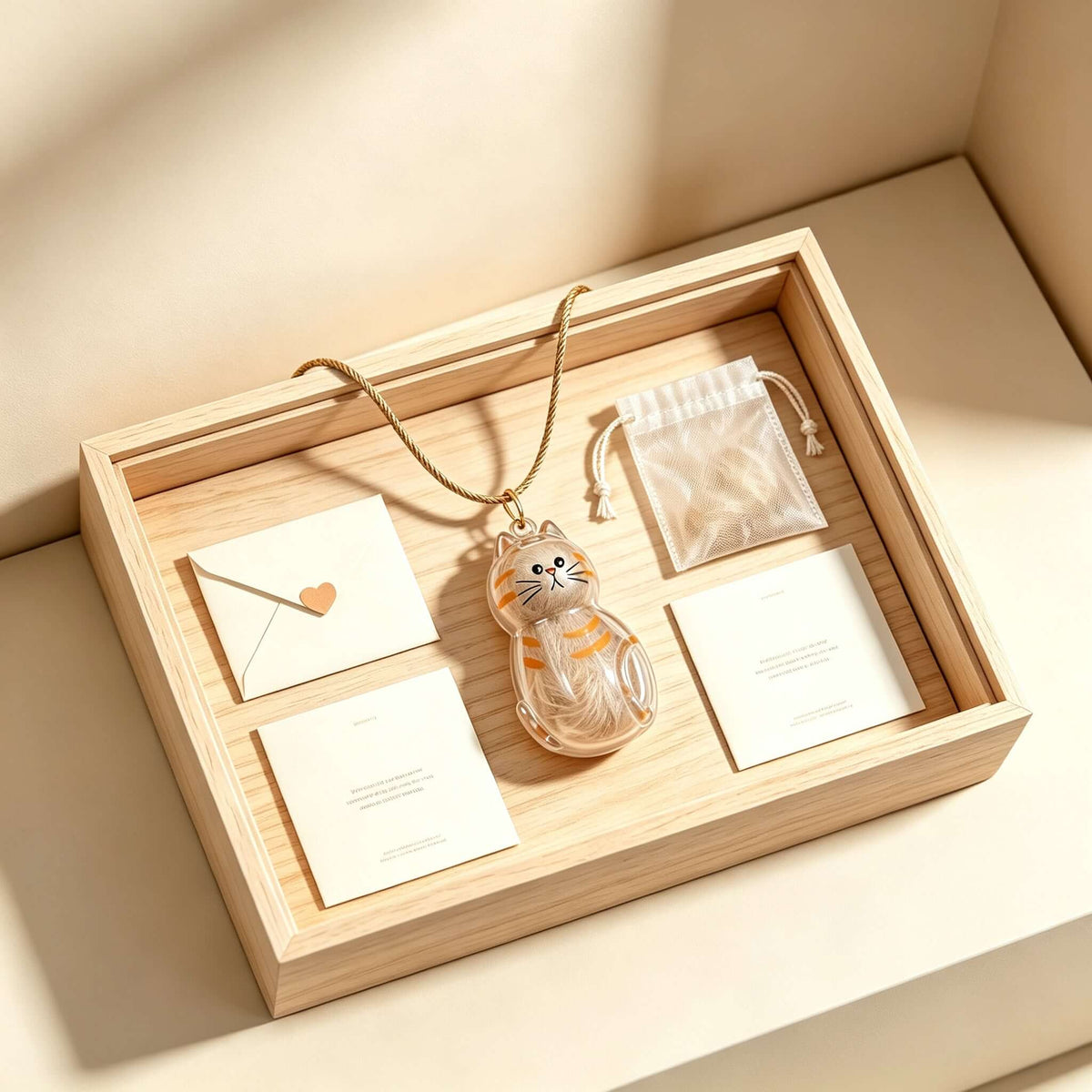 Pet Hair Keepsake Pendant displayed in a wooden box with notes and a pouch of pet fur.