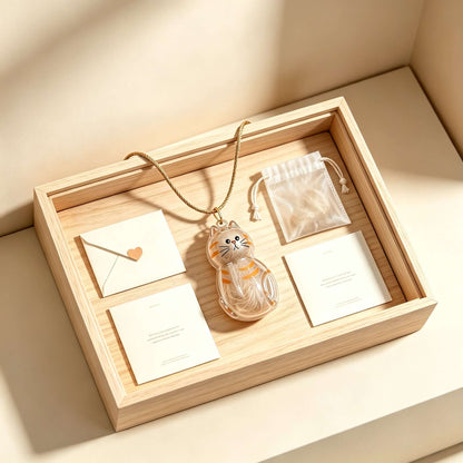 Pet Hair Keepsake Pendant displayed in a wooden box with notes and a pouch of pet fur.