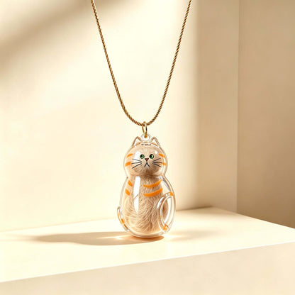 Pet Hair Keepsake Pendant displayed in a wooden box with notes and a pouch of pet fur.